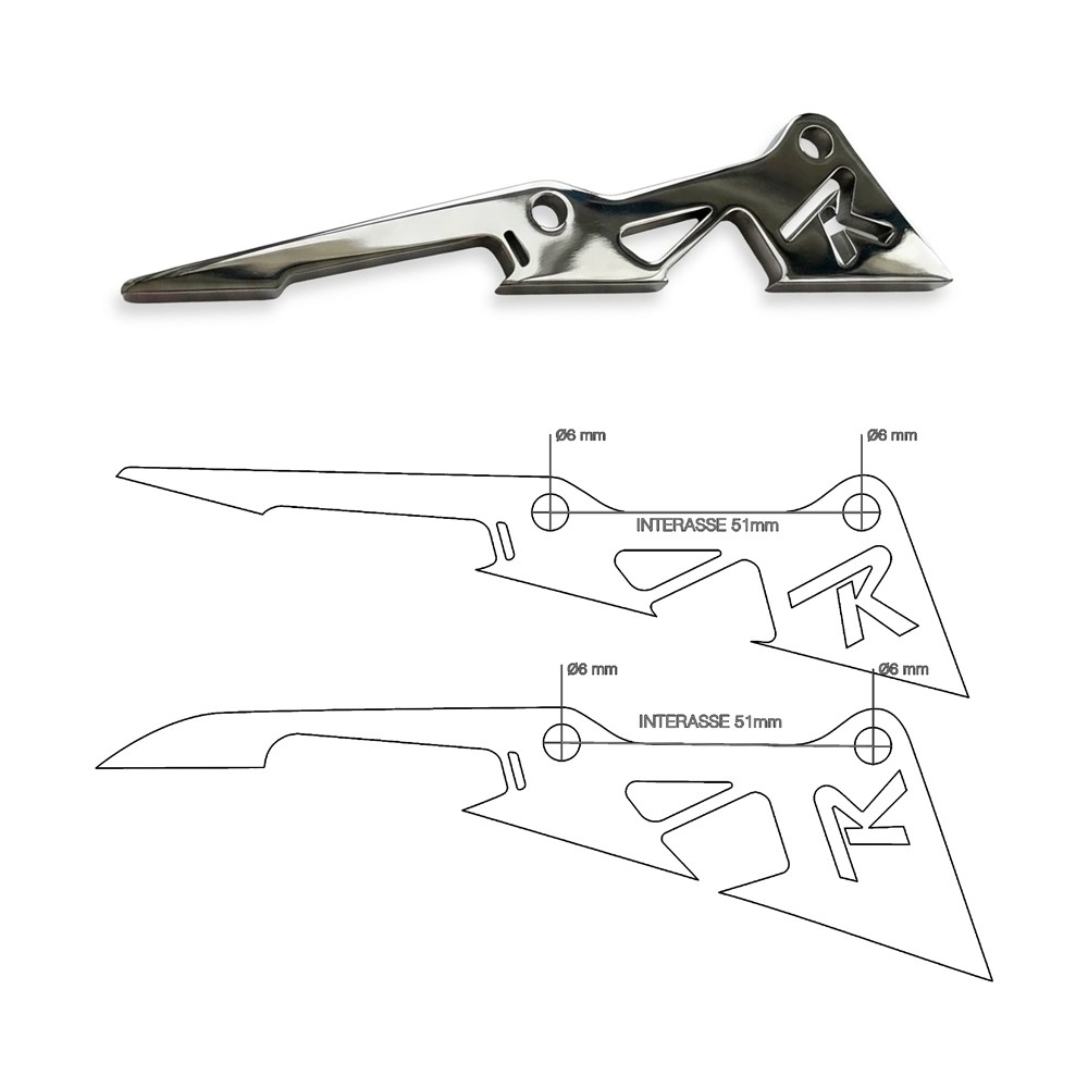 Retrocore ISO disc tab — polished steel and technical drawing